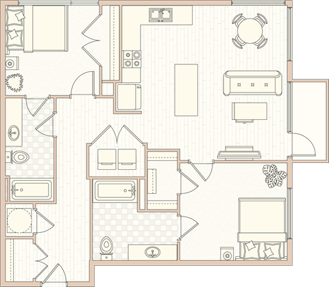 Floor plan for 2 beds, 2 baths, 1056 sqft